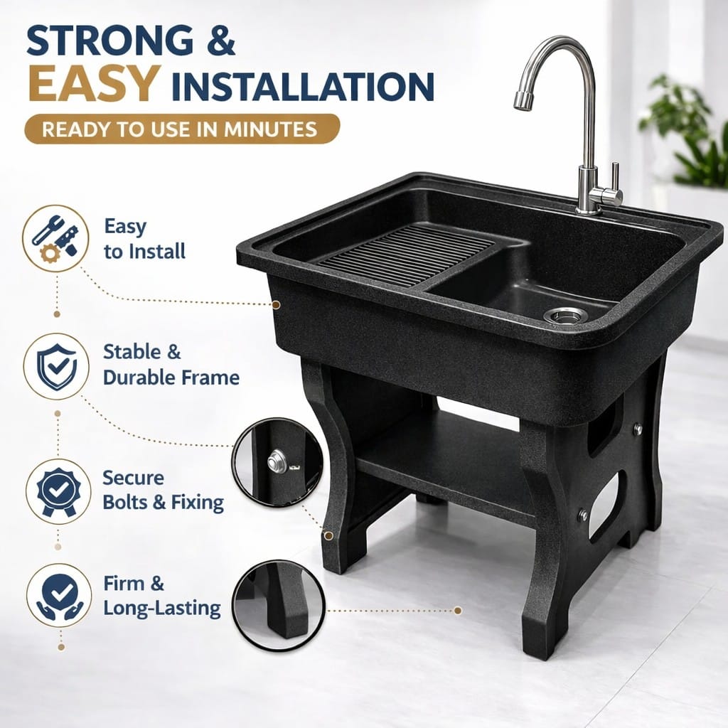 อ่างล้างจานขาตั้ง หินควอตซ์ 1 หลุม 1 ที่พัก DINOSAUR WASHTUB ขนาด 80X60X23ซม. สีดำ_3